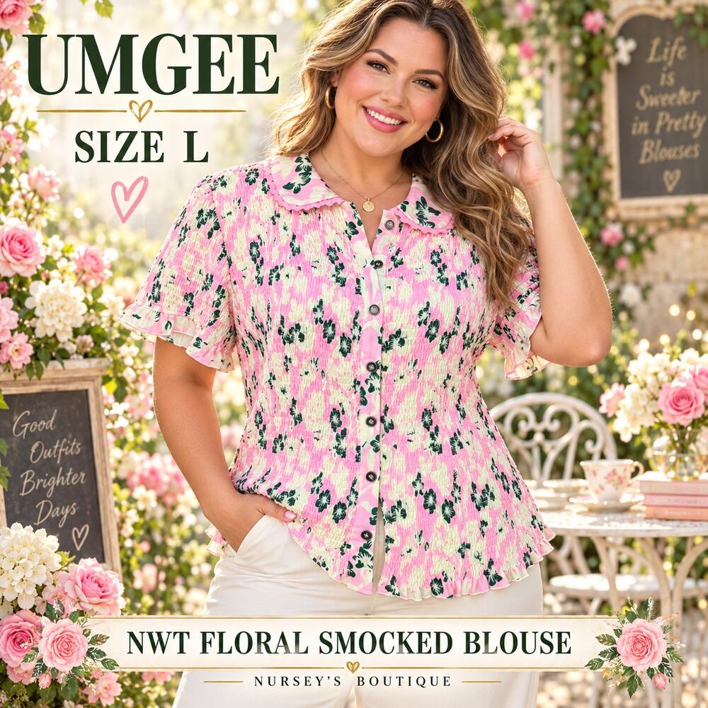 NWT Umgee Floral Smocked Button Front Blouse Large Cottagecore Pink
